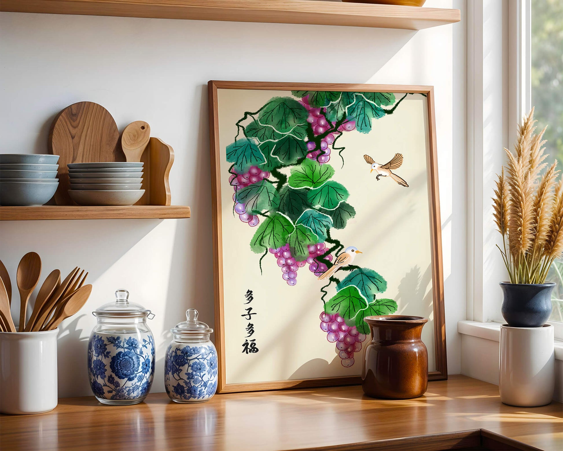 Watercolor grapevine and birds illustration with traditional art style