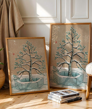 Paisaje invernal con ilustración de árbol bonsái cubierto de nieve