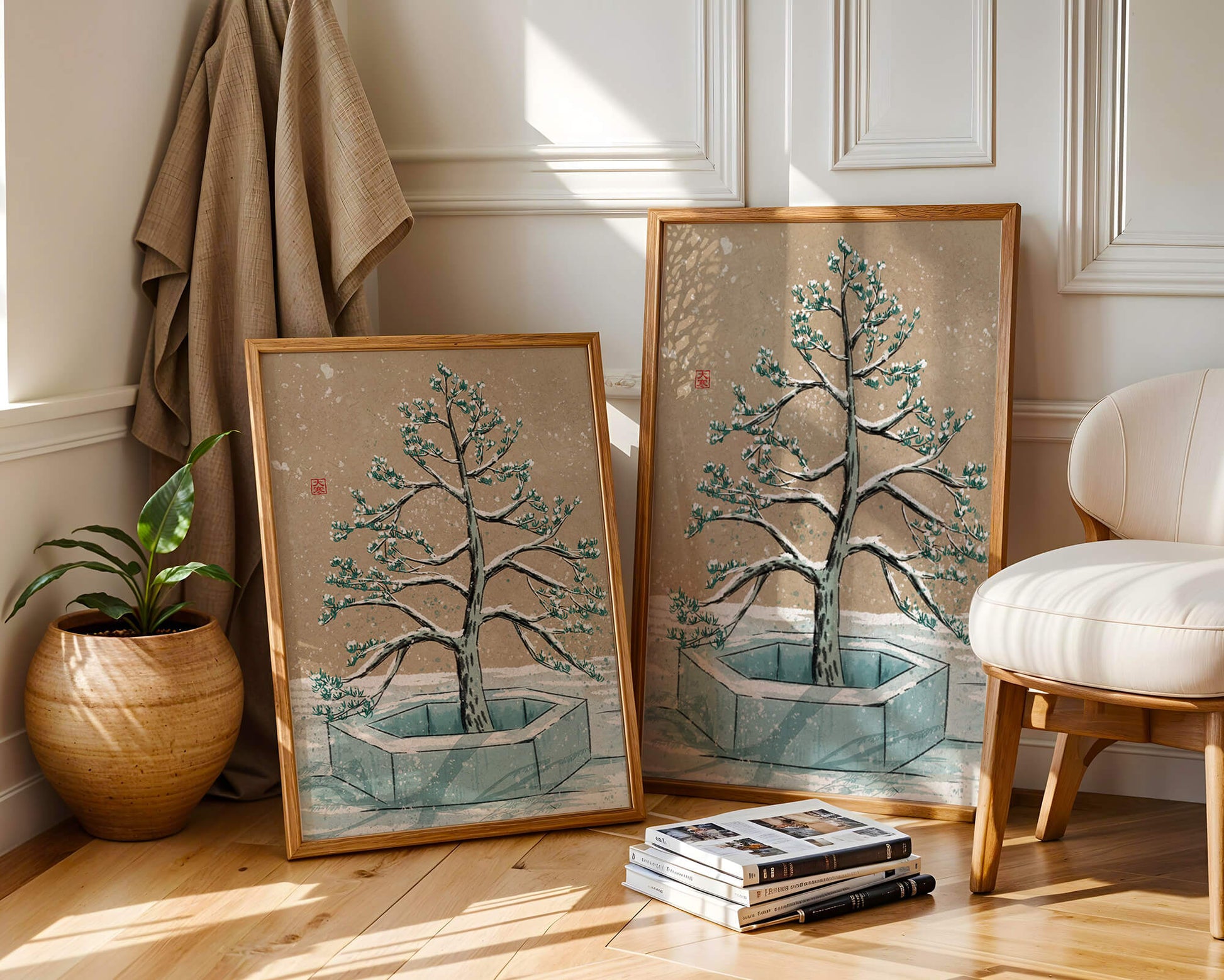 Paisaje invernal con ilustración de árbol bonsái cubierto de nieve