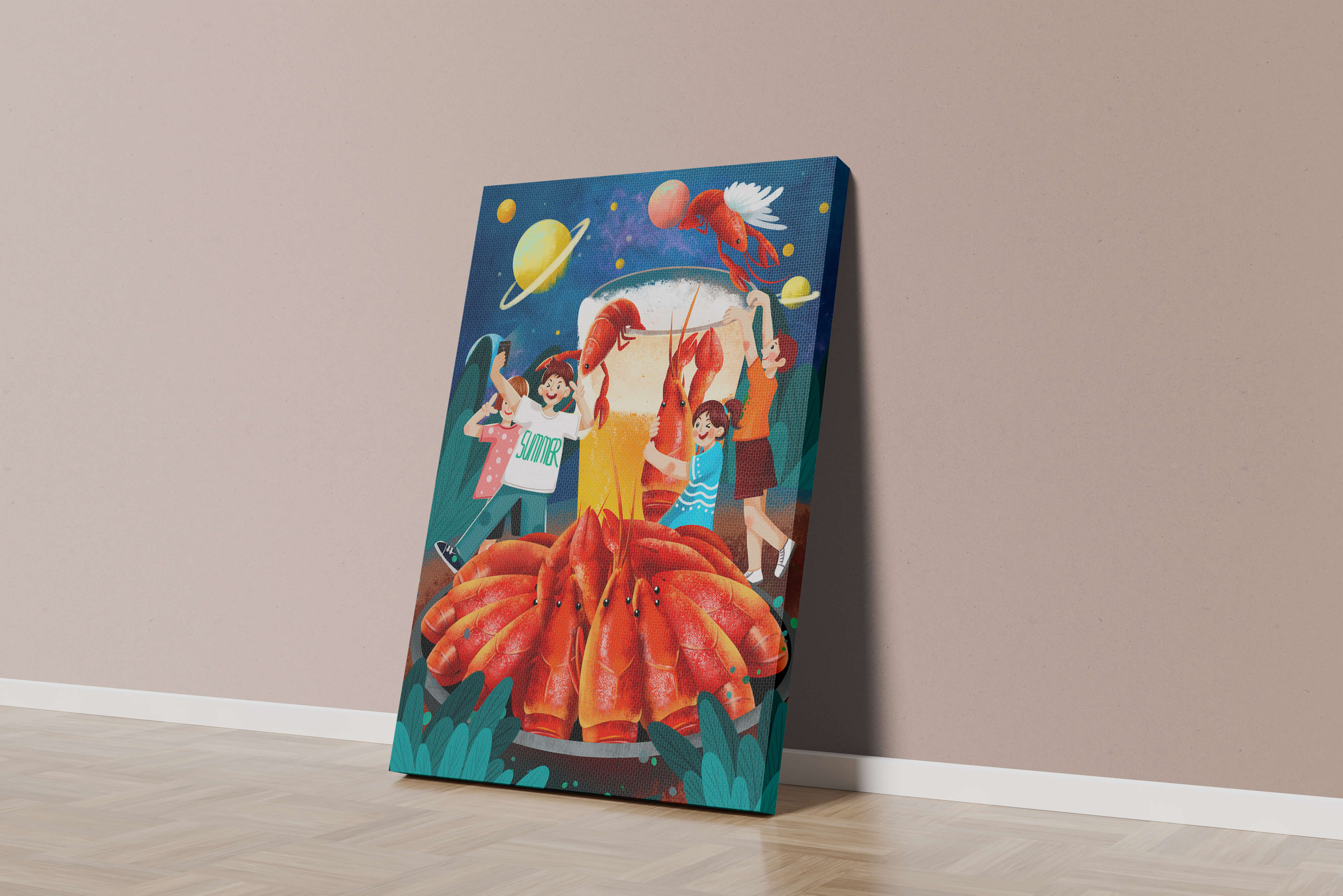 Fantasy illustration with cosmic lobsters and friends enjoying a summer feast