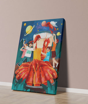 Ilustración de fantasía con langostas cósmicas y amigos disfrutando de un banquete de verano