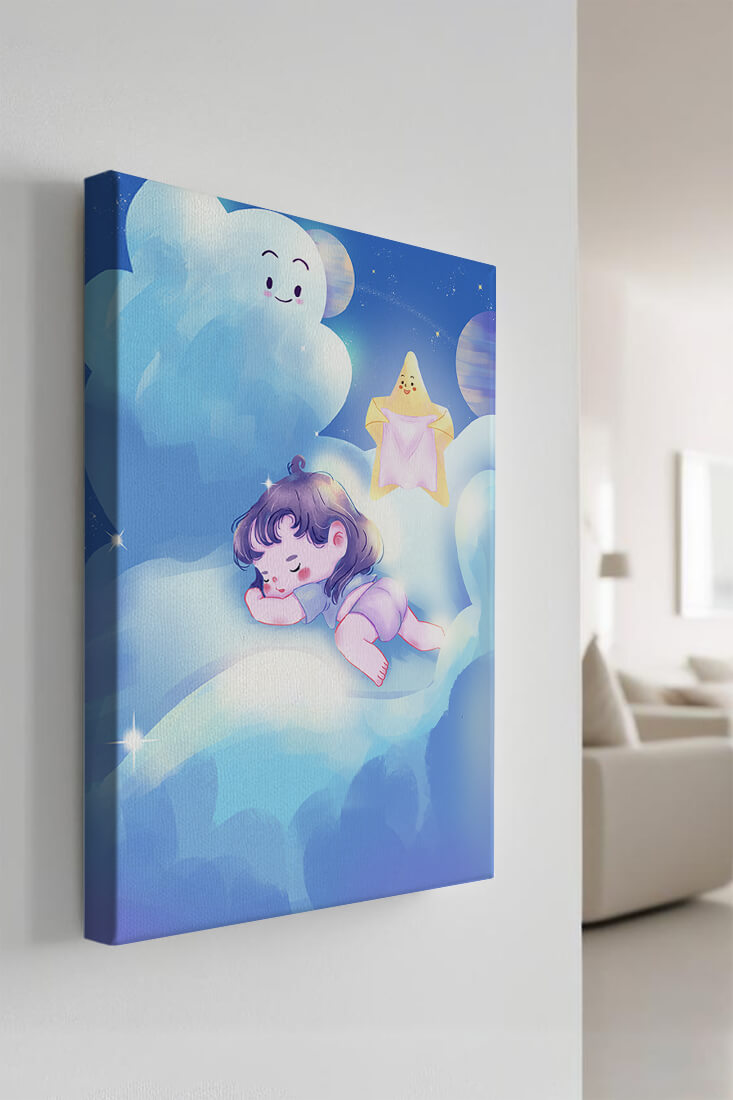 Dreamy illustration of sleeping child on clouds with smiling cloud and star