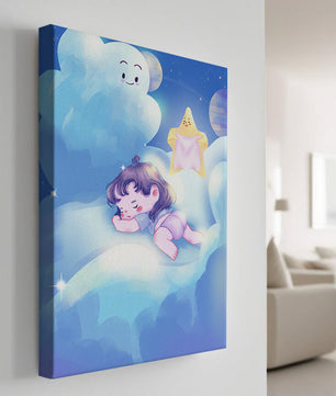 Dreamy illustration of sleeping child on clouds with smiling cloud and star