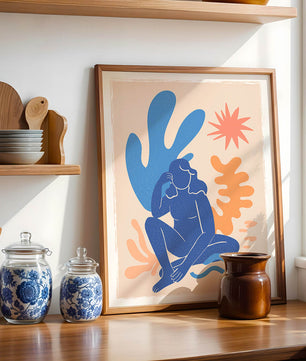 Abstract Illustration of a Blue Silhouette Woman with Organic Shapes