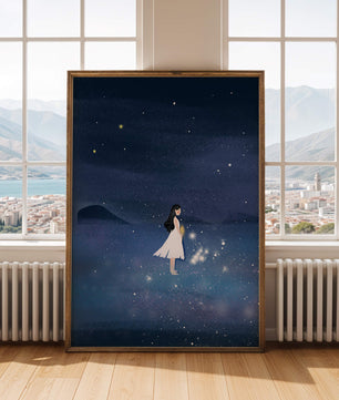 Niña en vestido blanco mirando al cielo estrellado