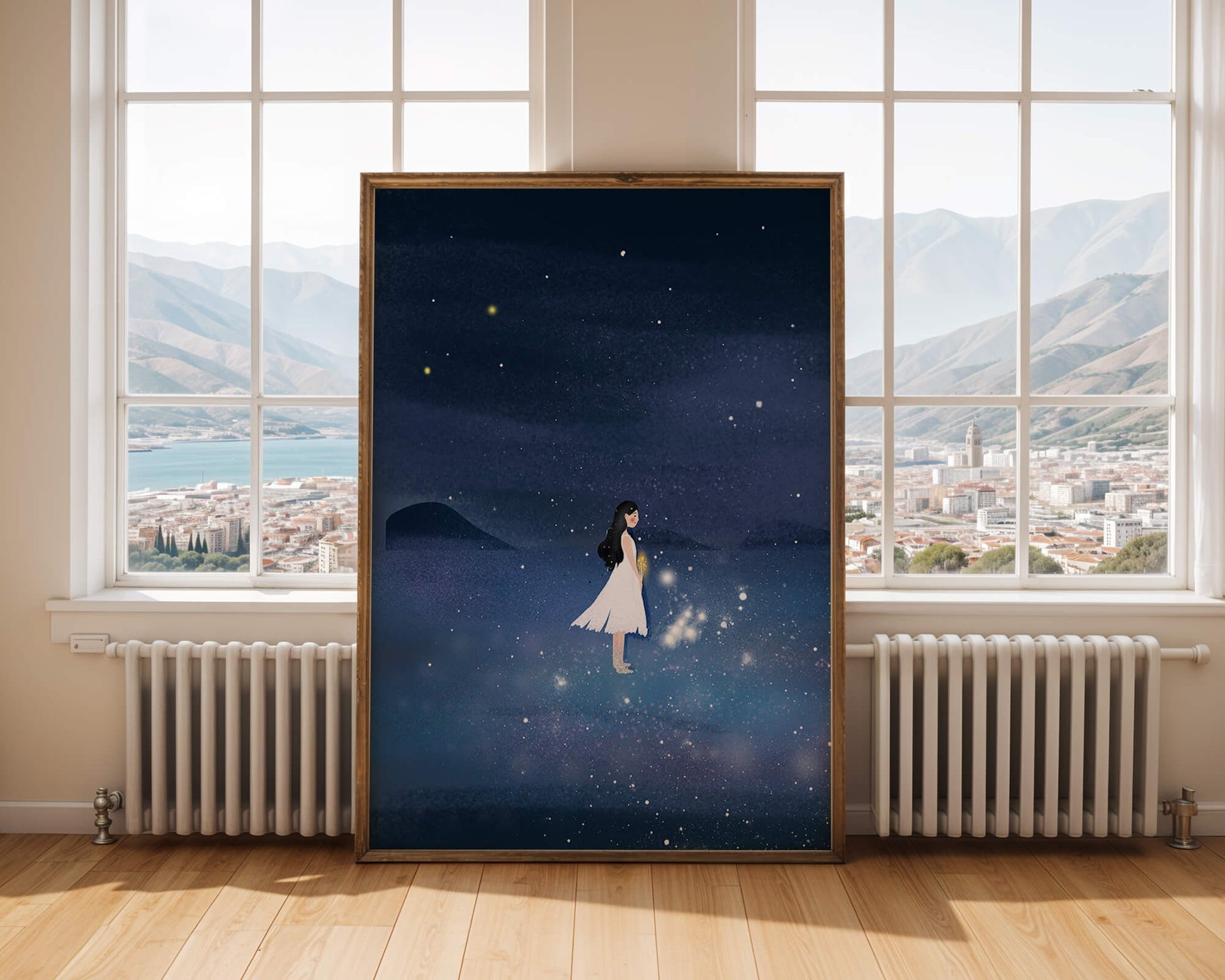 Girl in White Dress Gazing at Starry Night Sky