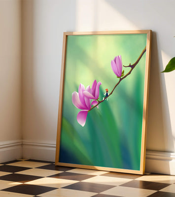 Serene illustration of magnolia flowers with a small figure in a hat