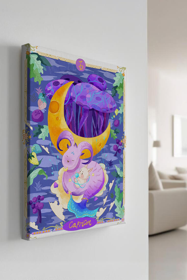 Colorful Capricorn zodiac illustration with fantasy elements