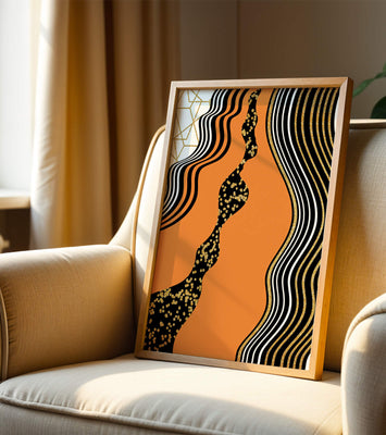 Artistic abstract design with wavy black lines and golden accents