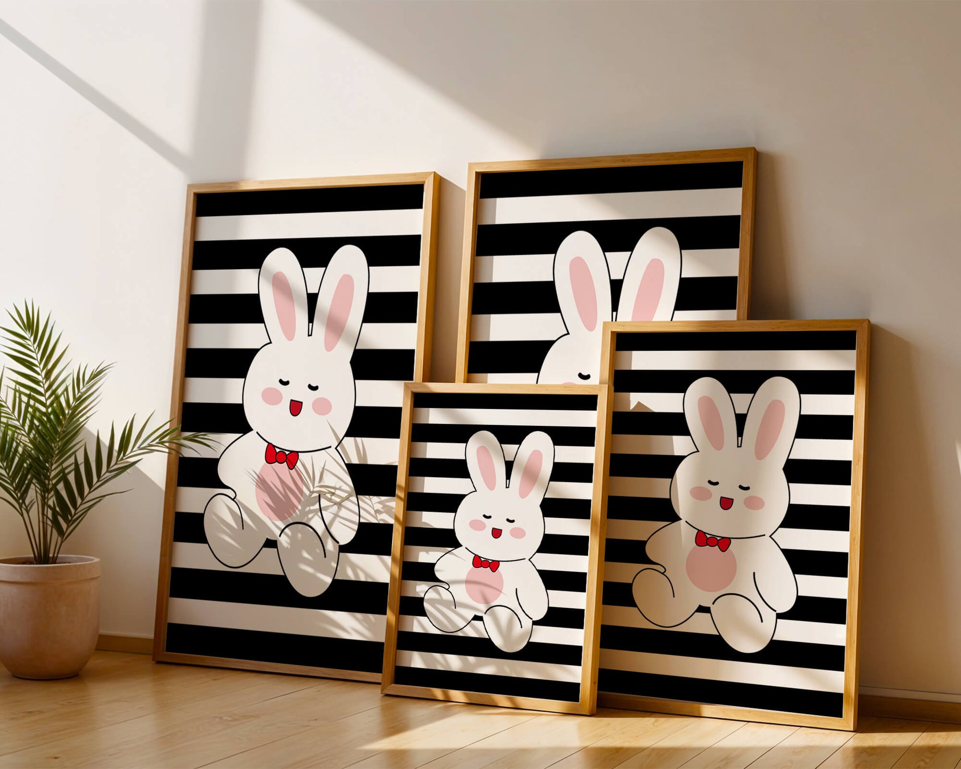 Adorable cartoon bunny with bold stripes and a red bow tie