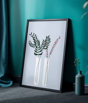 Modern Botanical Illustration with Green Leaves and Red Berries in Minimalist Vases - Mi tienda