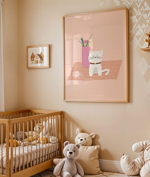 Illustration of a cute white cat with a pink vase and yarn ball on a pastel background