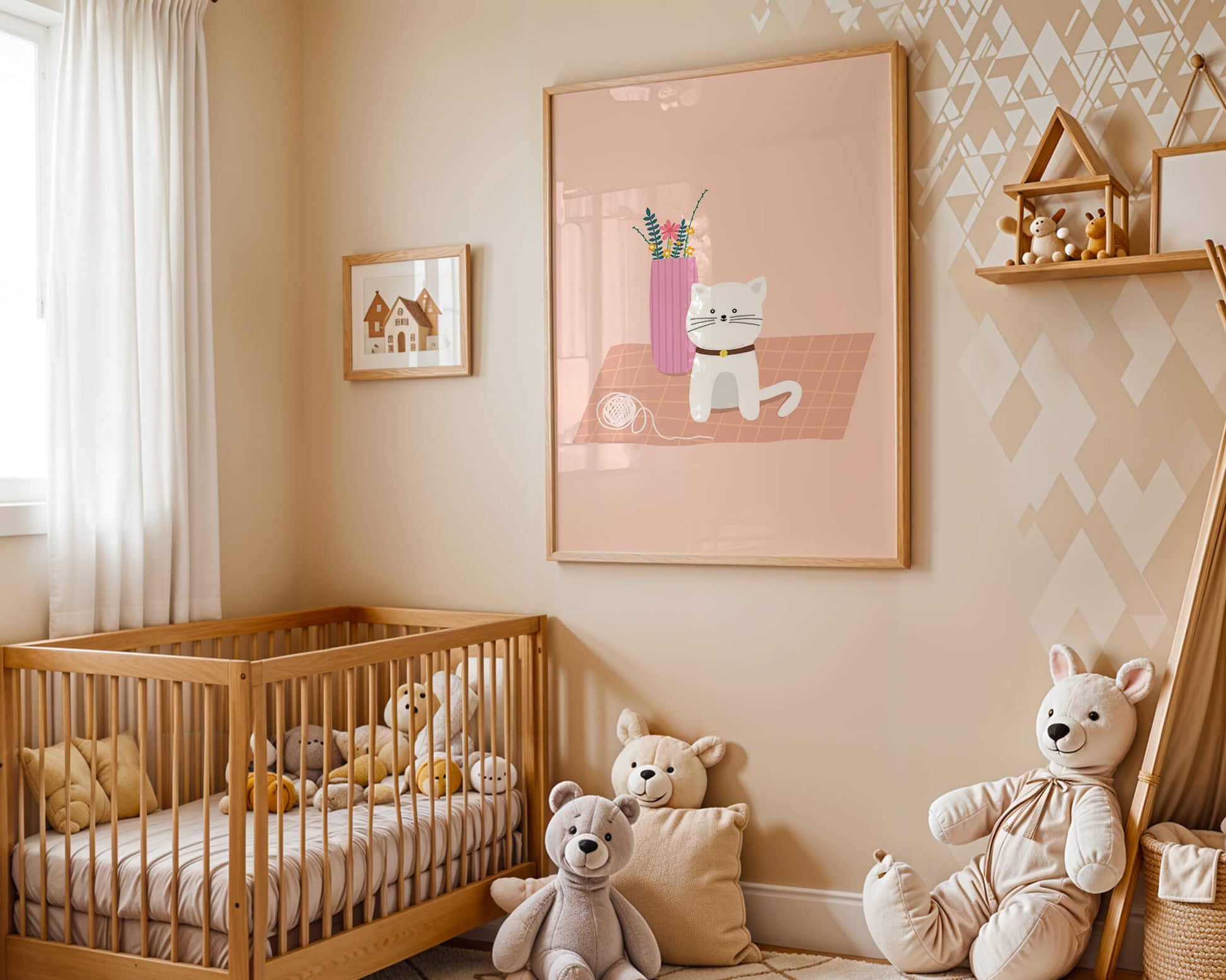 Illustration of a cute white cat with a pink vase and yarn ball on a pastel background