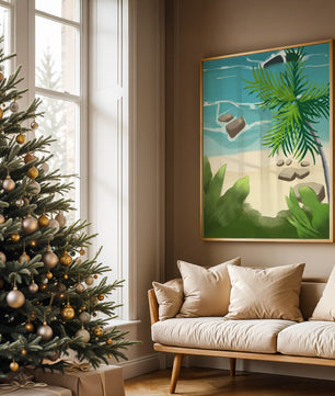 Serene tropical beach scene with lush greenery and calm waves