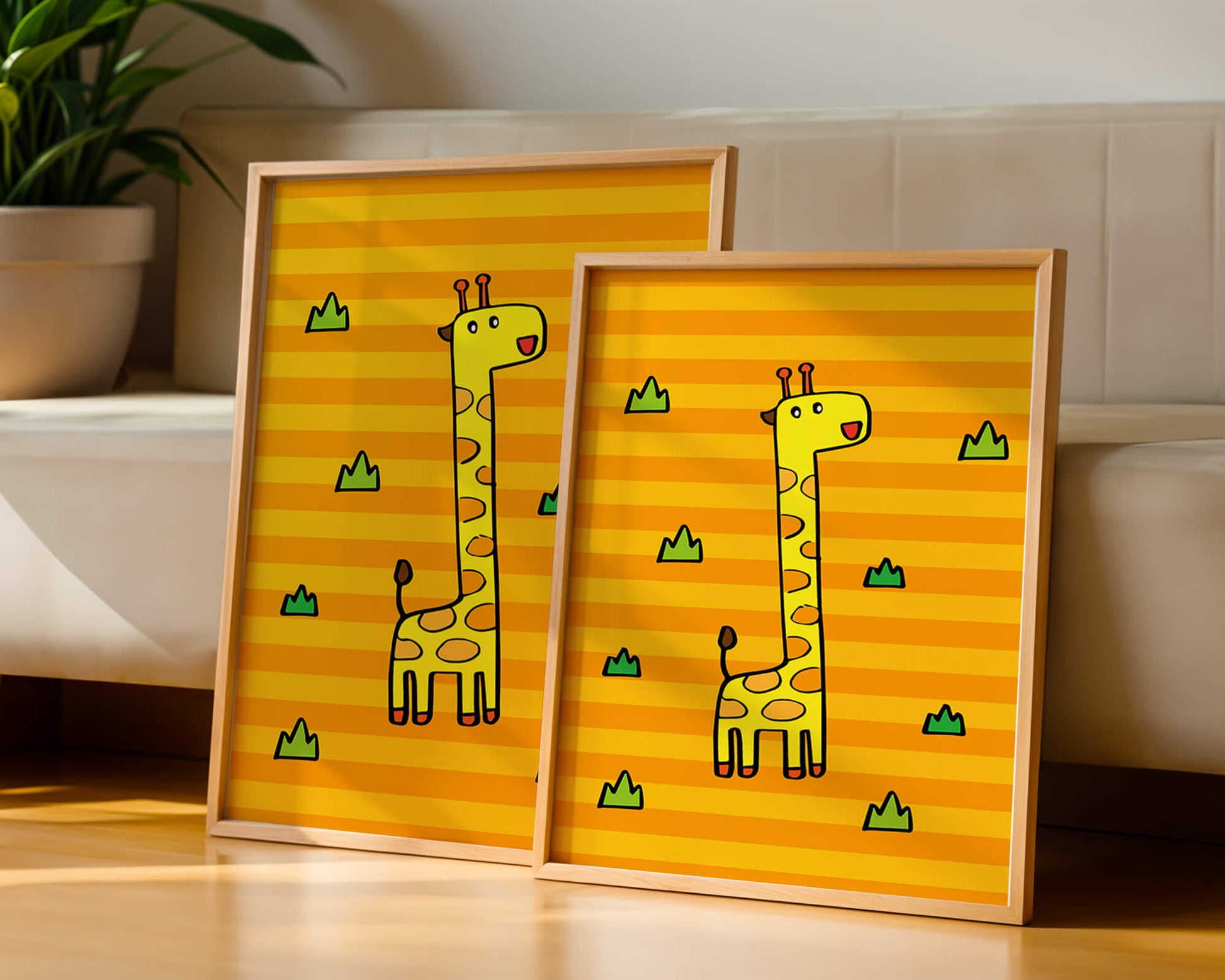 Bright cartoon giraffe illustration on a striped background
