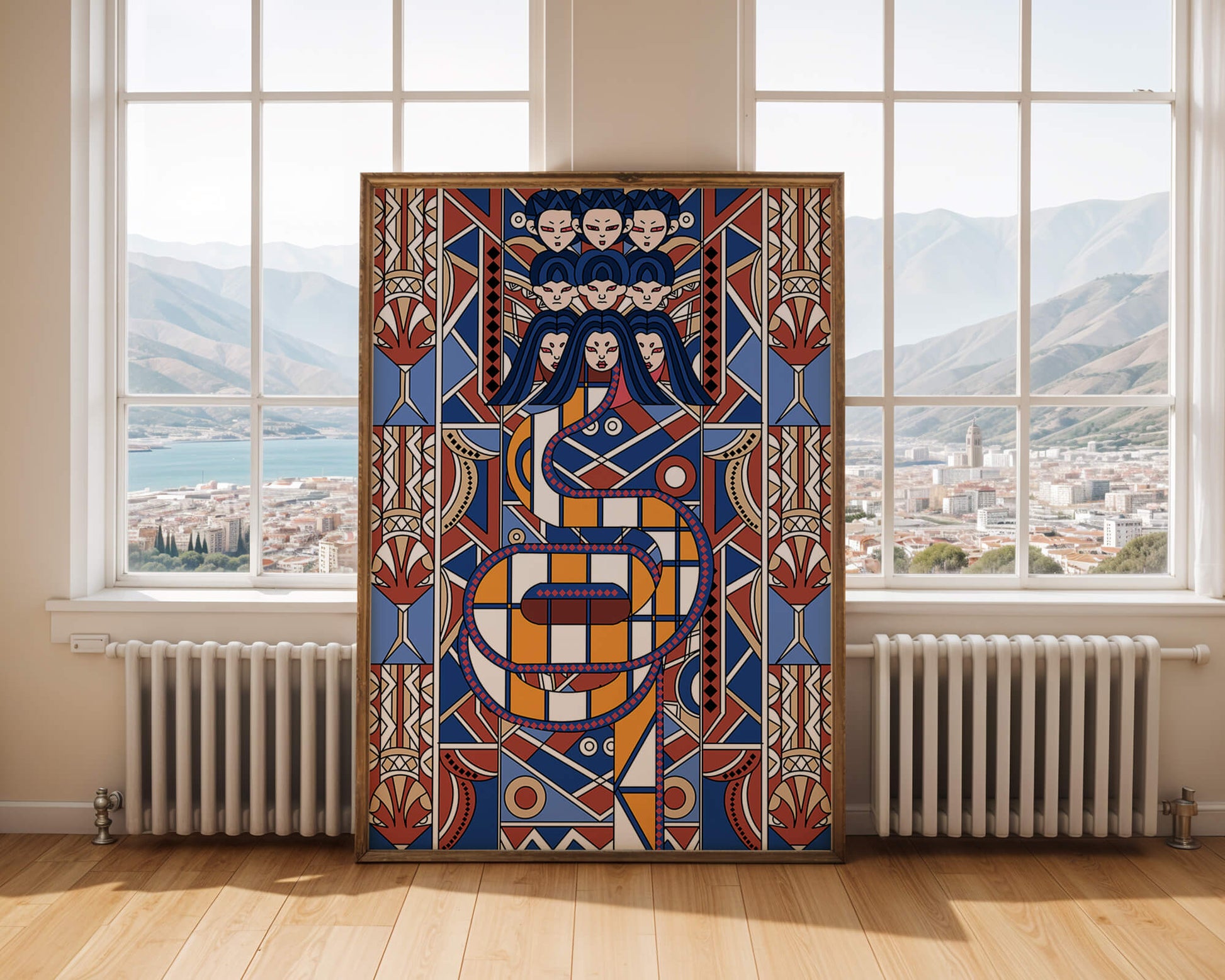 Patrón geométrico Art Decó con rostros y diseño simétrico