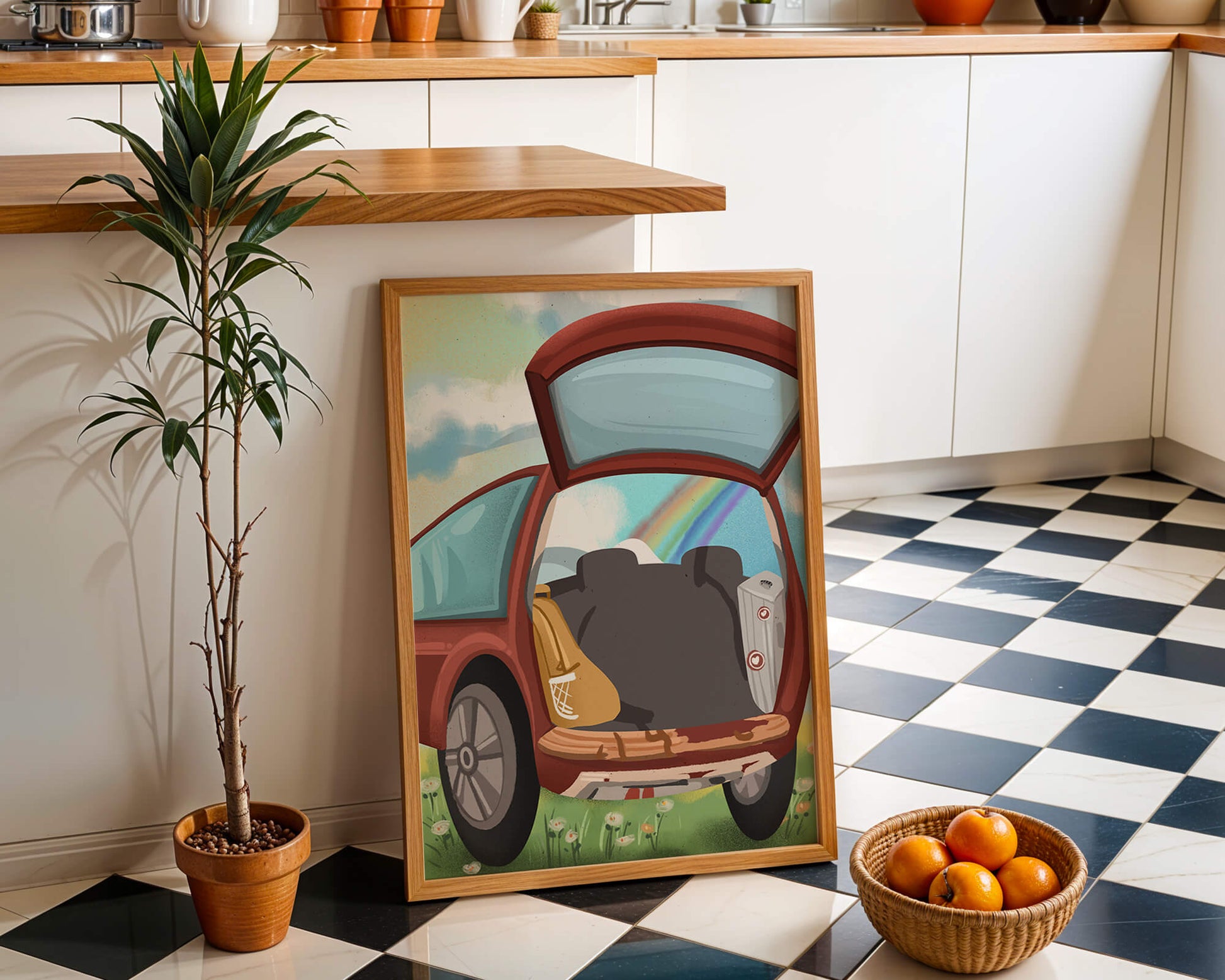 Car Trunk with Picnic Items and Rainbow in Background