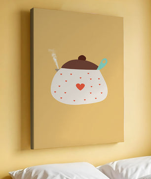 Ilustración de una olla decorada con corazones y vapor sobre fondo amarillo