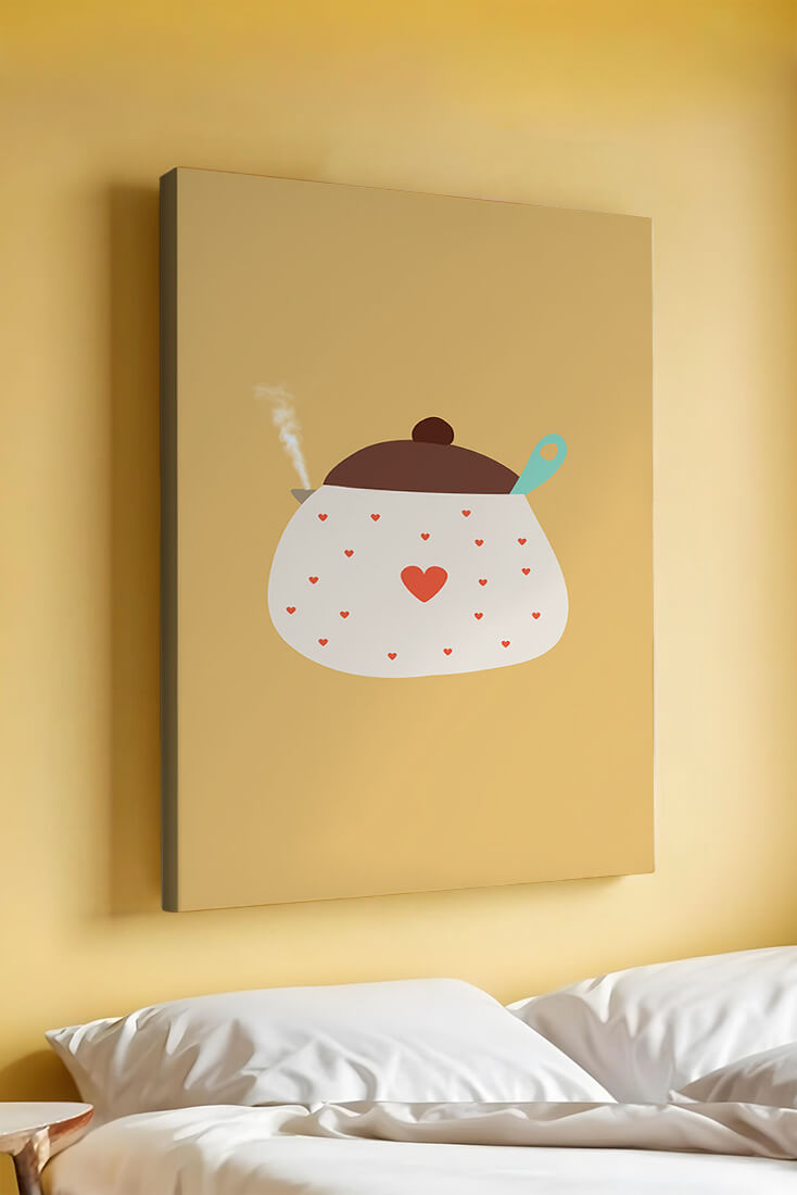 Illustration of a heart-adorned cooking pot with steam on a yellow background