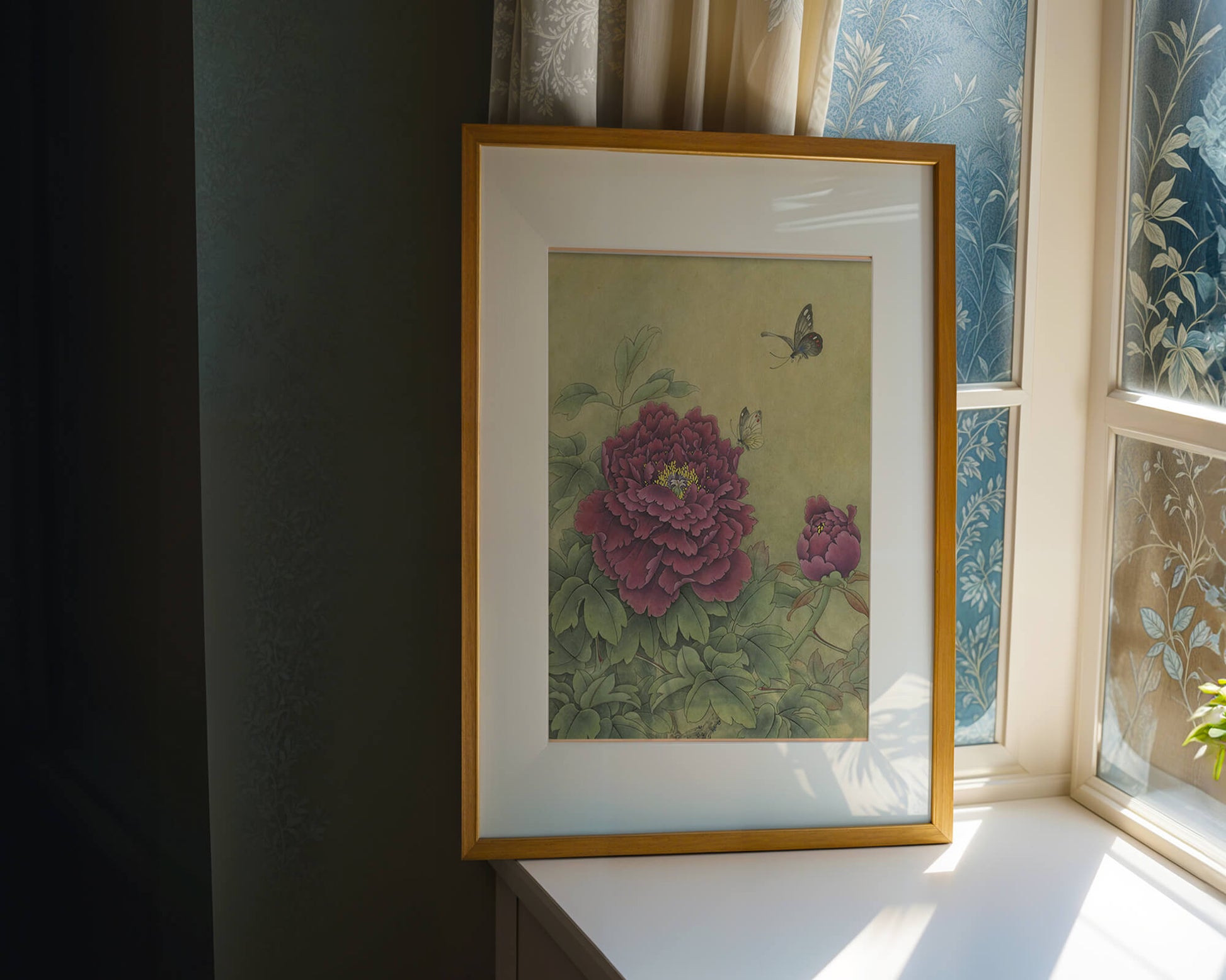 Delicate peonies with butterflies in a serene natural setting