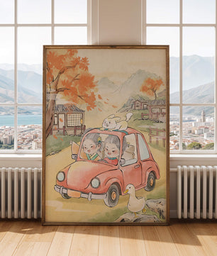 Charmante Landfahrt mit verspielten Charakteren und herbstlicher Landschaft