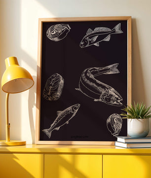 Ilustración detallada de elementos de pescado y mariscos sobre fondo oscuro