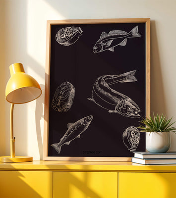 Detailed illustration of fish and seafood elements on dark background