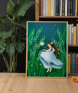 Enchanting fairy in magical wheat field at night