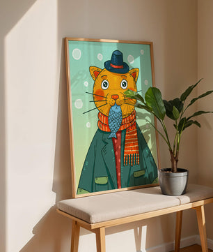 Gato caprichoso vestido con atuendo invernal colorido