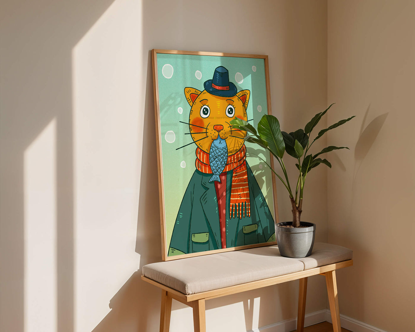 Whimsical cat dressed in colorful winter attire
