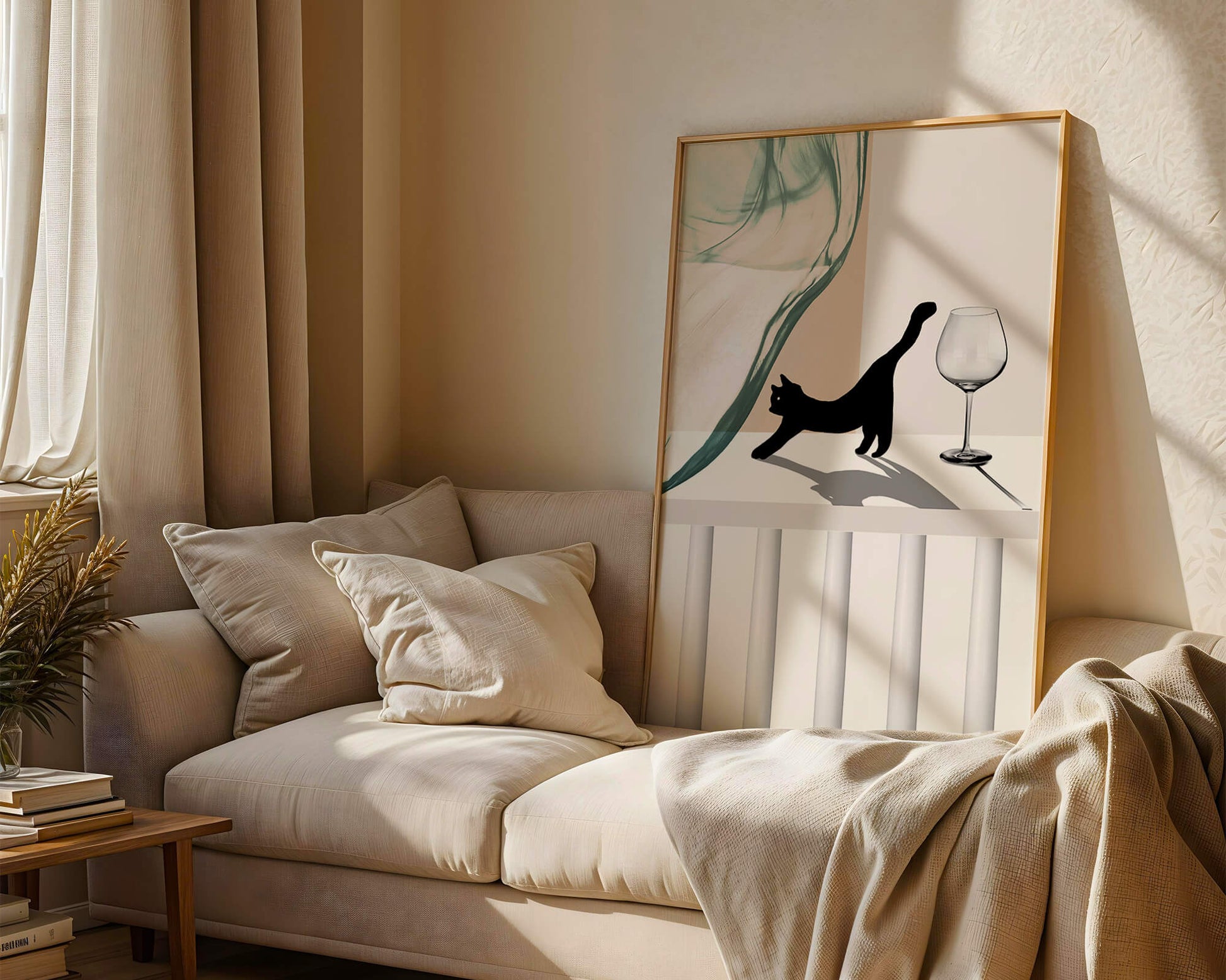 Abstract Composition with Black Cat and Wine Glass on Geometric Background