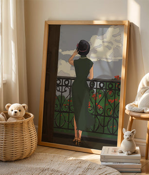 Mujer elegante en un balcón con vista pintoresca y flores rojas