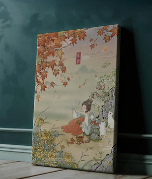 Traditional Chinese painting with autumn scenery and lady sipping tea