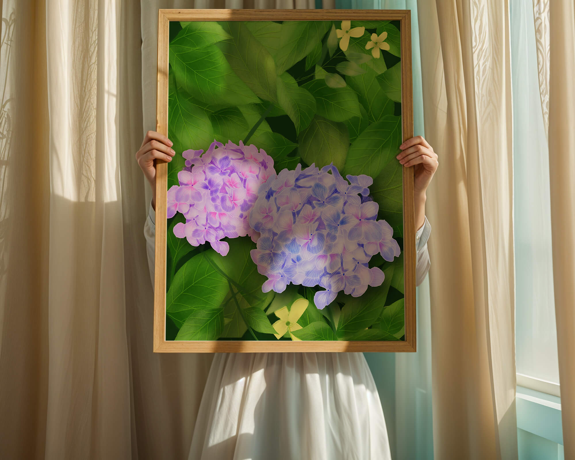 Delicate hydrangeas with lush green leaves in a vibrant botanical scene