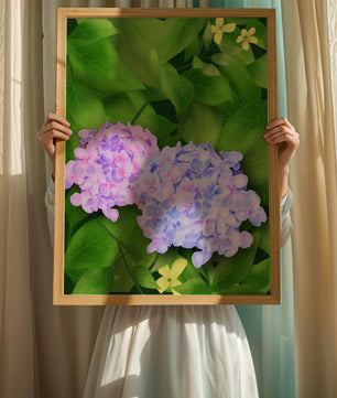 Delicate hydrangeas with lush green leaves in a vibrant botanical scene