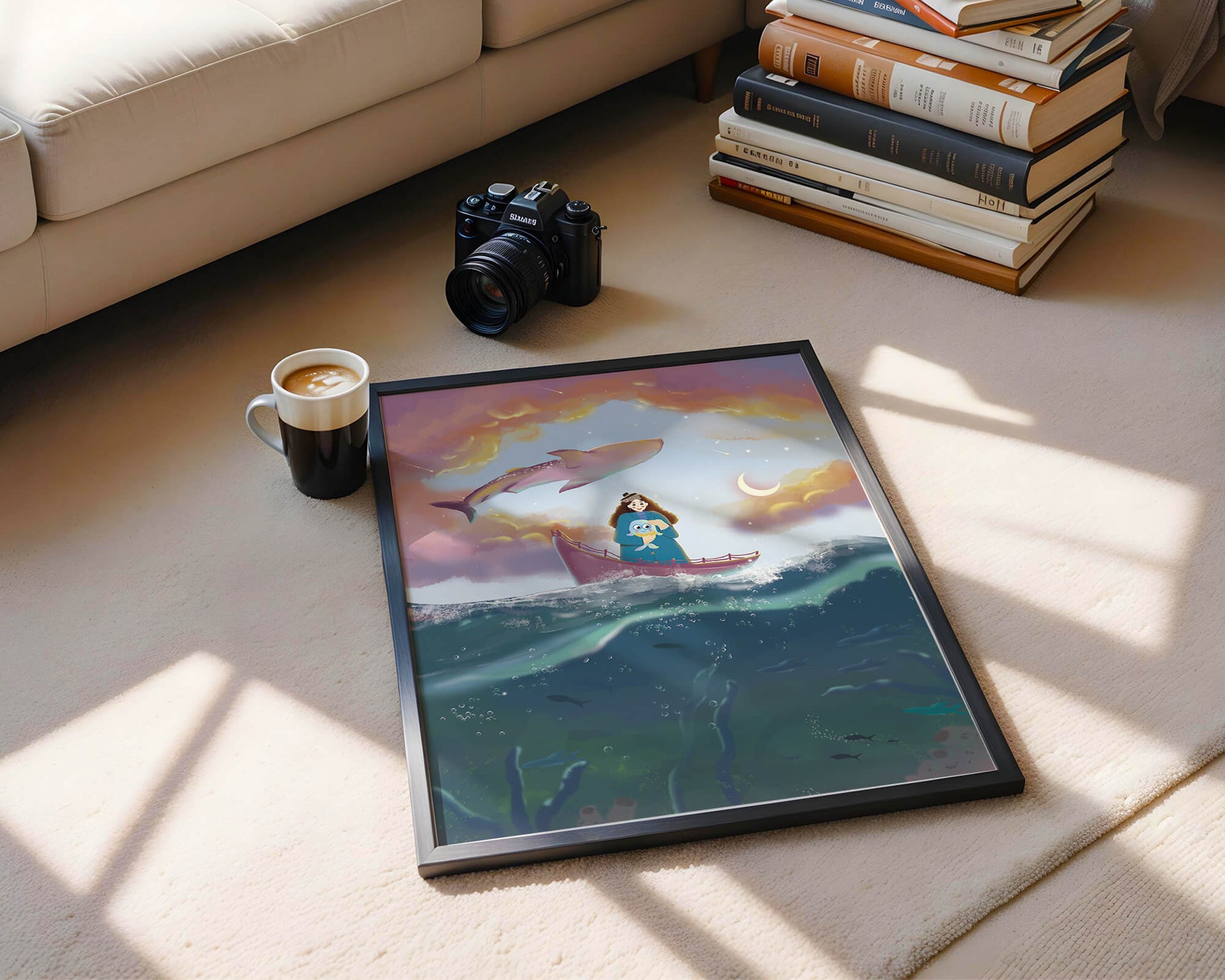 Whimsical illustration of a girl on a boat with a flying whale