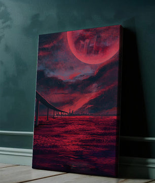 Surreal Scarlet Landscape with Bridge and Celestial Body