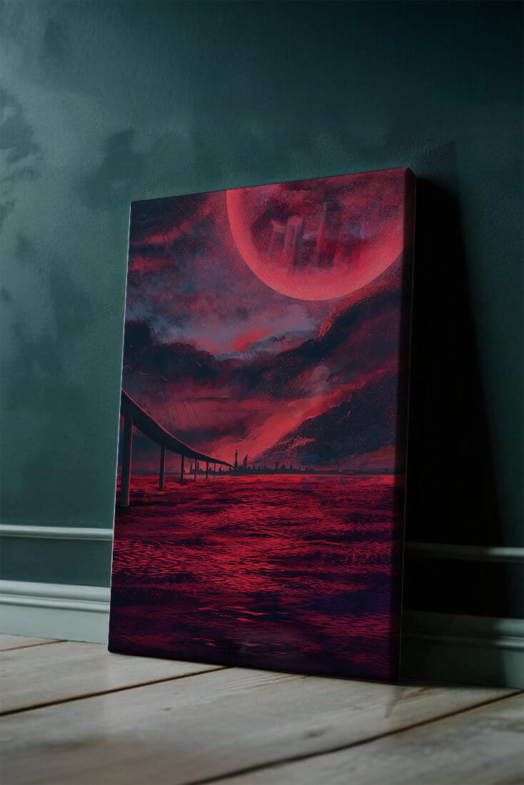 Surreal Scarlet Landscape with Bridge and Celestial Body
