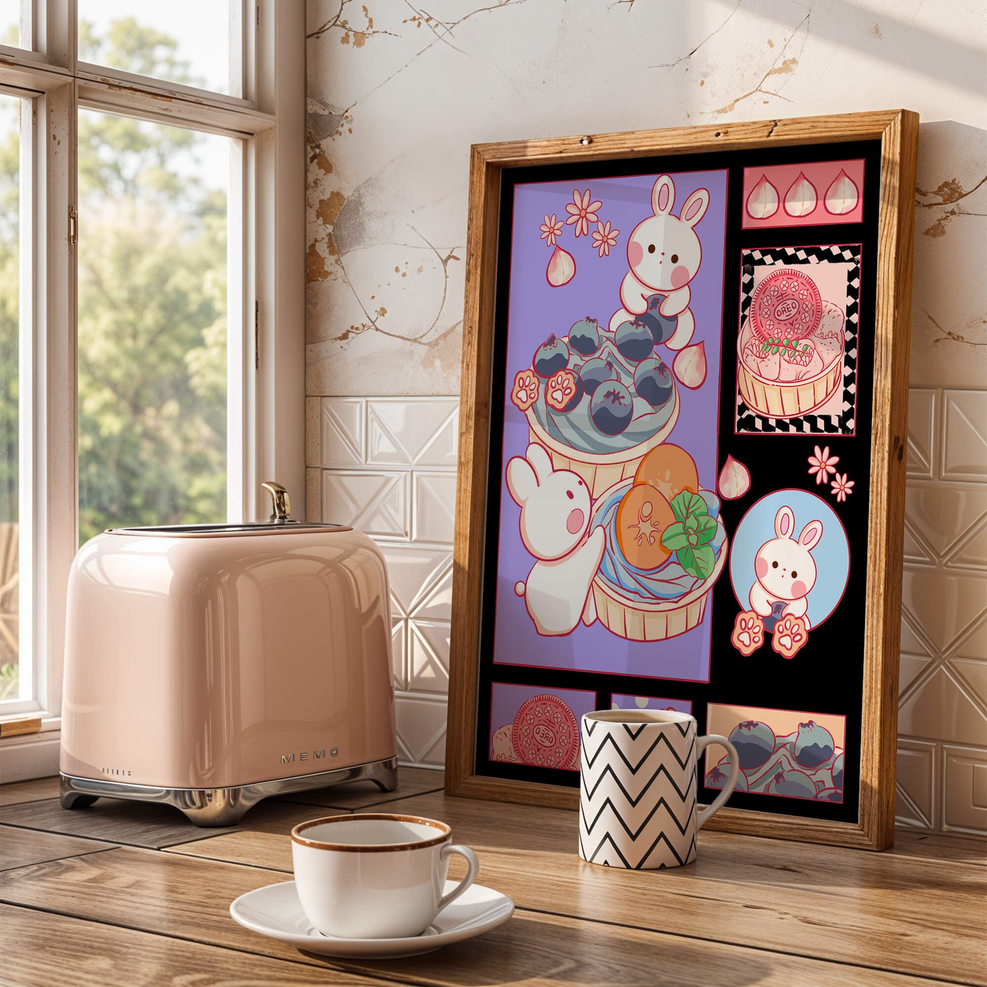 Conejos de dibujos animados encantadores con postres y arándanos