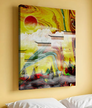Abstract Landscape with Swirling Colors and Red Sun