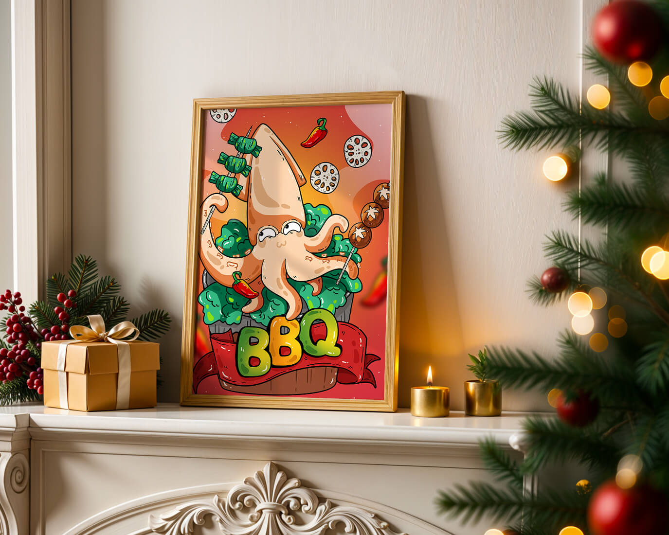 Quirky Cartoon Squid BBQ with Vegetables