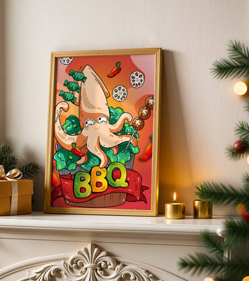 Quirky Cartoon Squid BBQ with Vegetables
