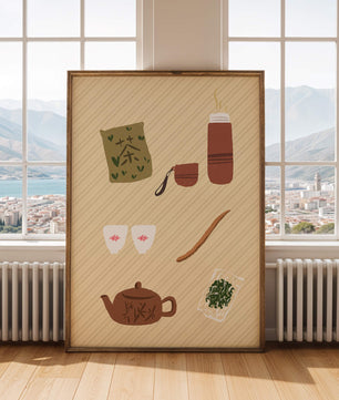 Illustración de un juego de té tradicional con hojas de té y accesorios
