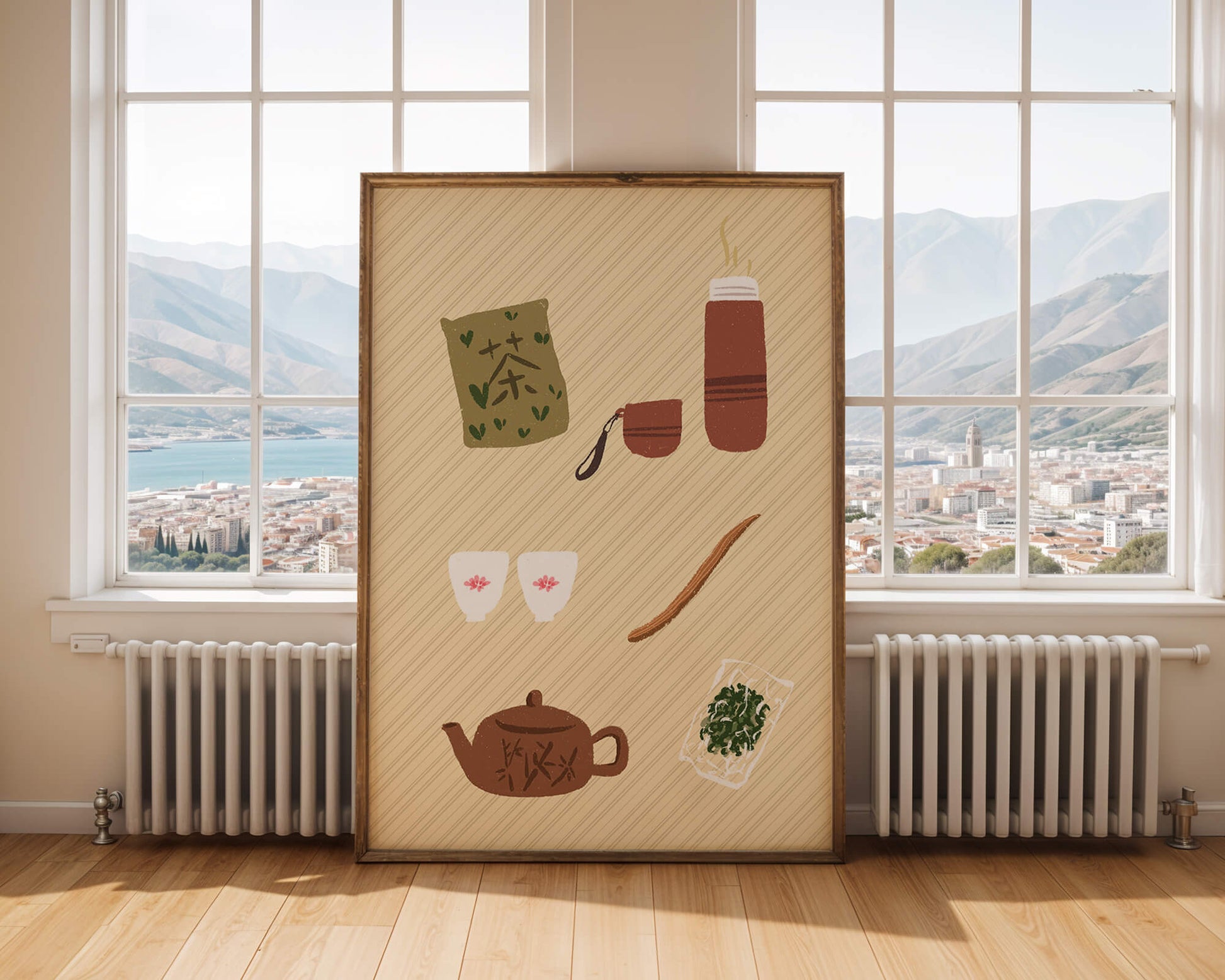 Illustración de un juego de té tradicional con hojas de té y accesorios