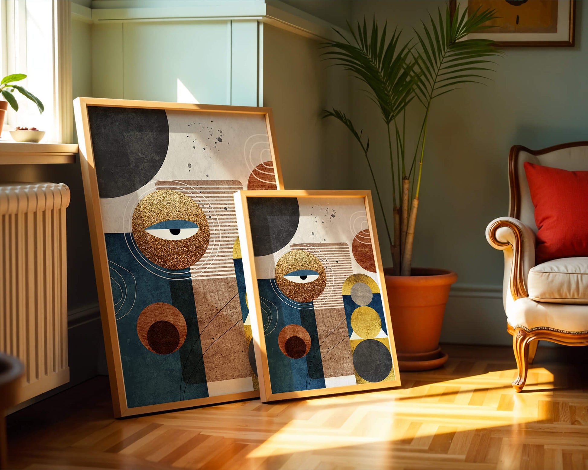 Abstract geometric artwork with gold and blue elements