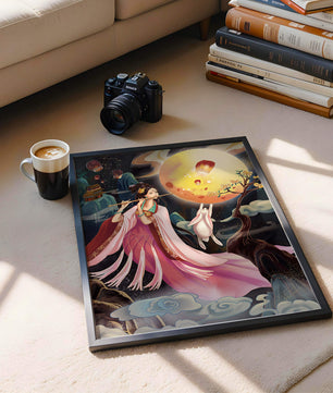 Traditional Asian Art with Flute Player and Moon Rabbit