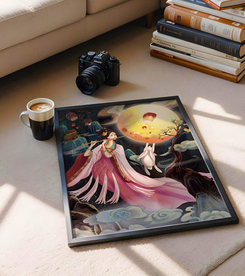 Traditional Asian Art with Flute Player and Moon Rabbit