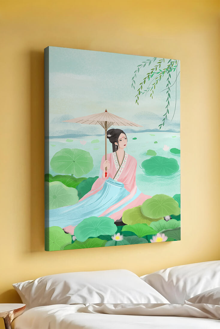 Elegant woman in traditional attire with umbrella surrounded by lotus leaves