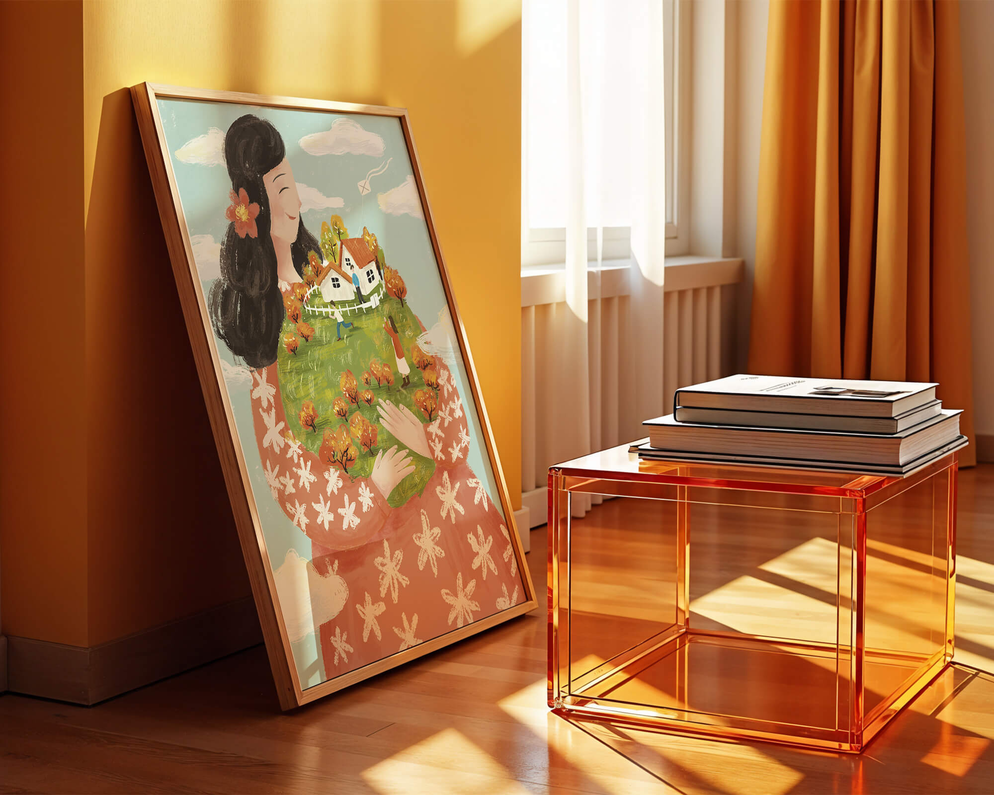 Whimsical Woman Holding Miniature Landscape with Family and Houses