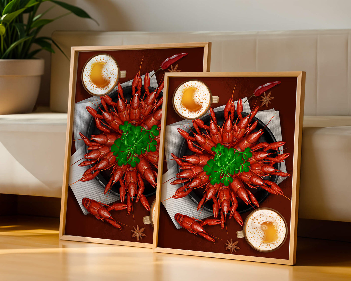 Gourmet seafood platter with crayfish and coffee cups